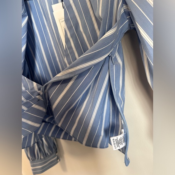 Theory Quincy Striped Faux Wrap Long-Sleeve Top - Blue & White Striped - Large - Picture 16 of 17